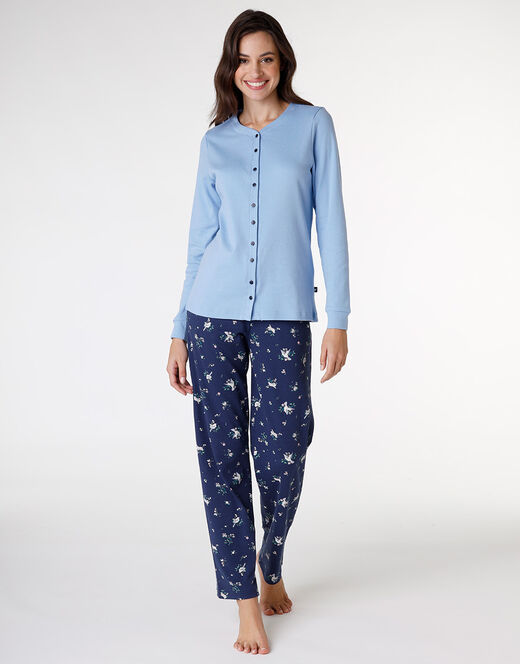 Lovable Pigiama lungo aperto in interlock di cotone, azzurro con stampa Offerte