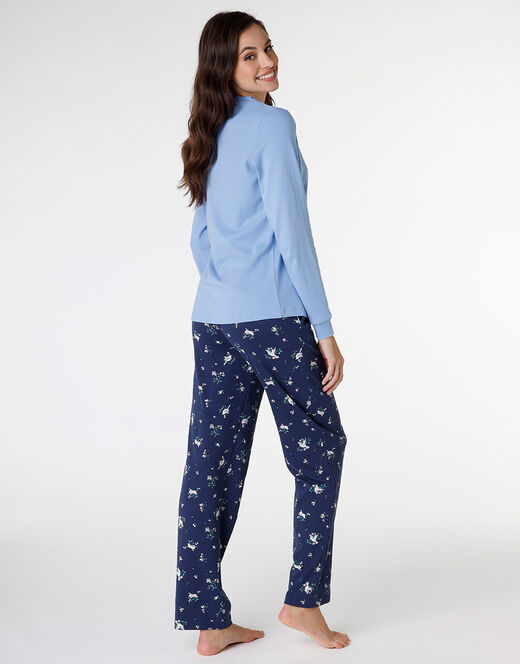 Lovable Pigiama lungo aperto in interlock di cotone, azzurro con stampa Offerte