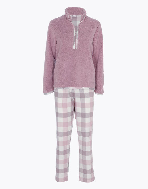 Lovable Pigiama lungo con pelliccetta agnellata e flanella, rosa e grigio Vendita Economica