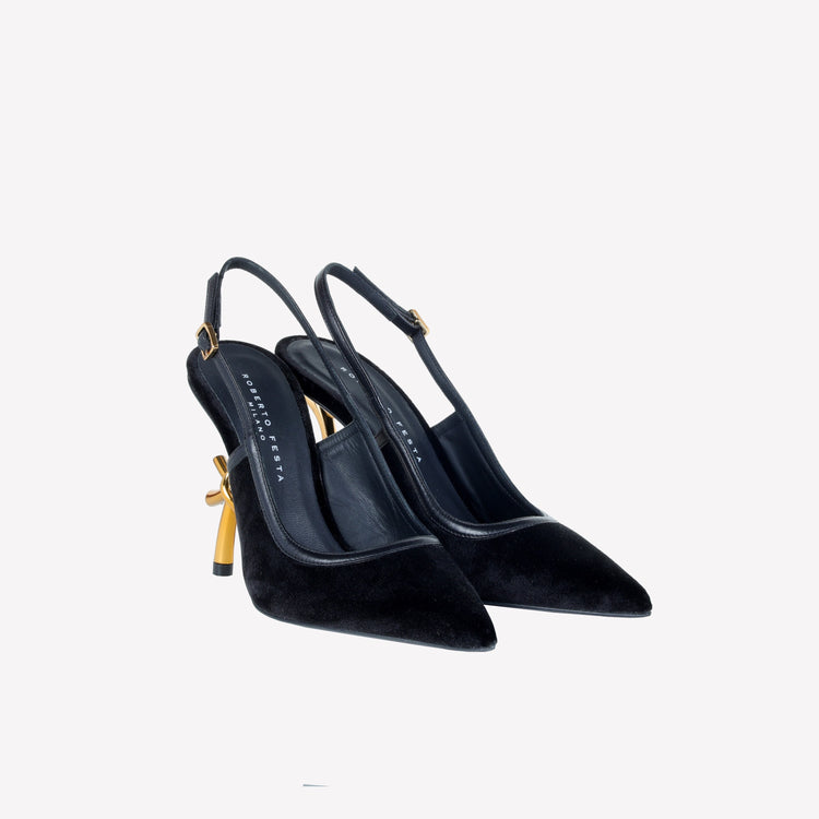 Roberto Festa SLINGBACK IN VELLUTO CON TACCO SCULTURA LOGO SANDY Prezzo Ridotto