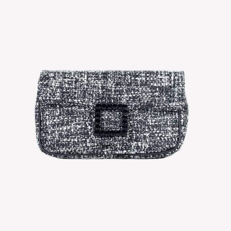 Roberto Festa BORSA A SPALLA IN TESSUTO CHICCO DI RISO BIANCO NERO CON ACCESSORIO FIBBIA QUADRA CON CRISTALLI LUNETTE Vendite Flash