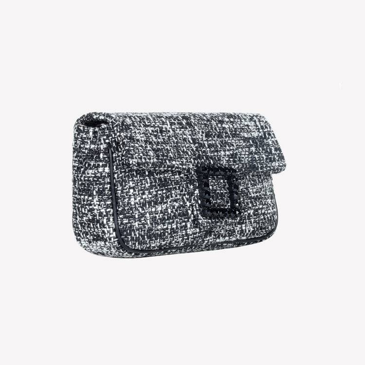 Roberto Festa BORSA A SPALLA IN TESSUTO CHICCO DI RISO BIANCO NERO CON ACCESSORIO FIBBIA QUADRA CON CRISTALLI LUNETTE Vendite Flash