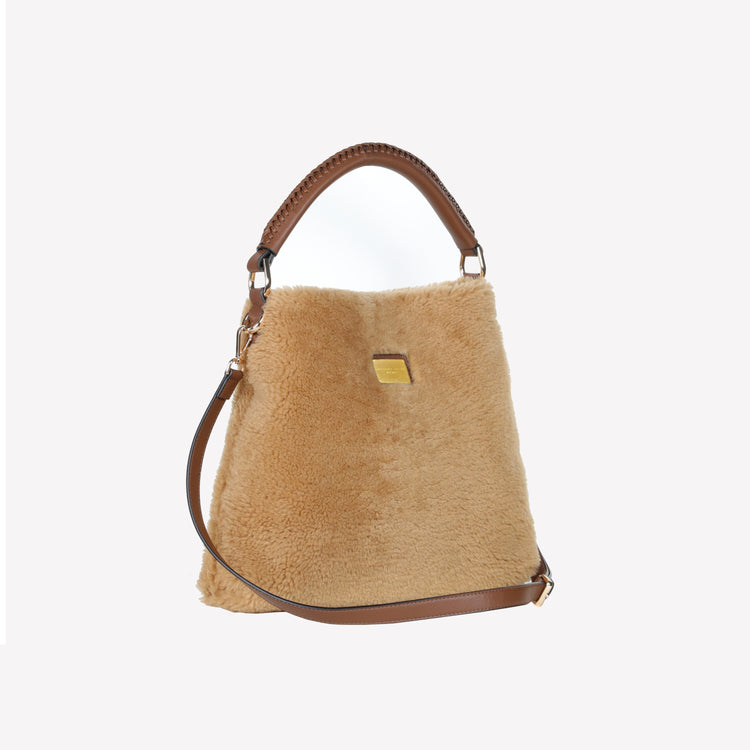 Roberto Festa BORSA A SPALLA IN MONTONE COLOR TEDDY CON MANICO IN PELLE CUOIO PANDA Italy