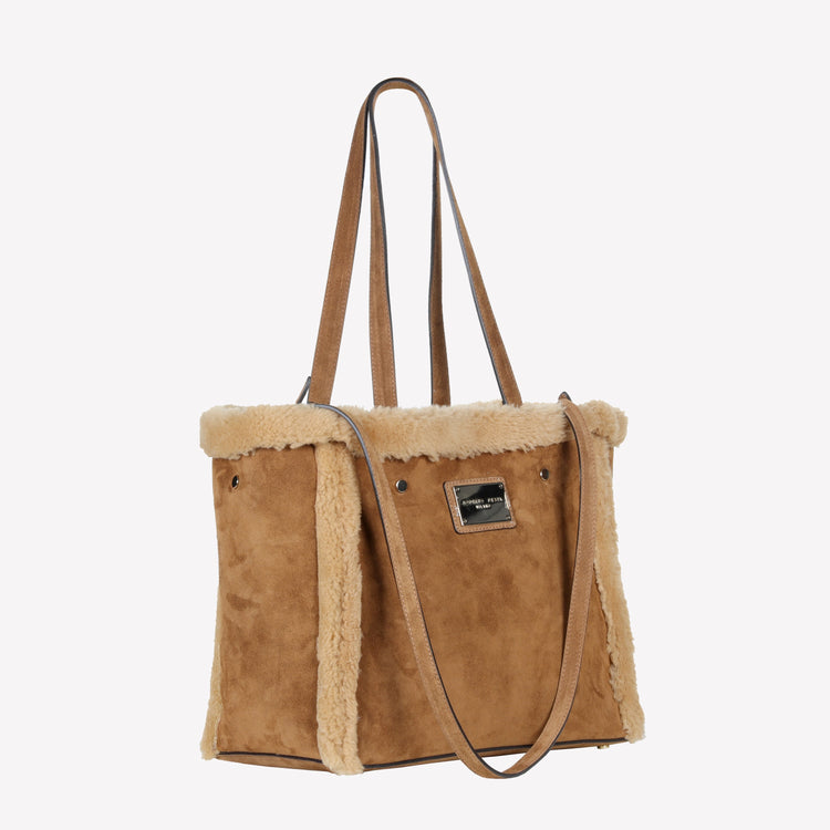 Roberto Festa BORSA SHOPPING IN CAMOSCIO LIGHT BRUCIATO CON RIPORTI IN MONTONE MIELE RAISSA In Linea