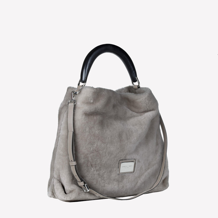 Roberto Festa BORSA A SPALLA IN MONTONE EFFETTO VISONE COLOR NUTRIA CON MANICO IN LEGNO NERO BIANCA Nuovo
