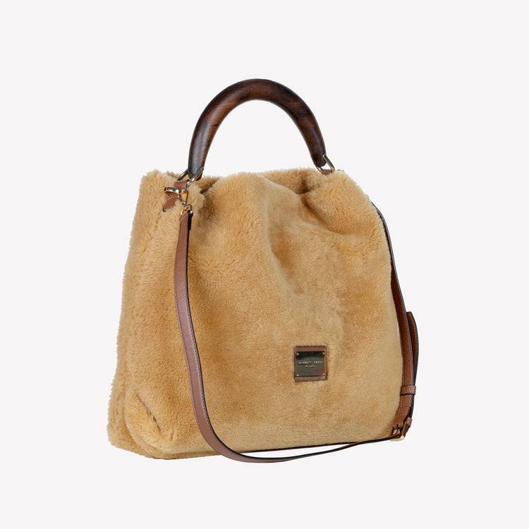 Roberto Festa BORSA A SPALLA IN MONTONE COLOR TEDDY CON MANICO IN LEGNO NOCE BIANCA Qualità