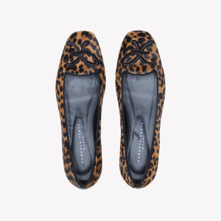 Roberto Festa BALLERINA IN PELLE DI VITELLO CON STAMPA LEOPARDATA CON RICAMO RF FELIX Spedizione Gratuita
