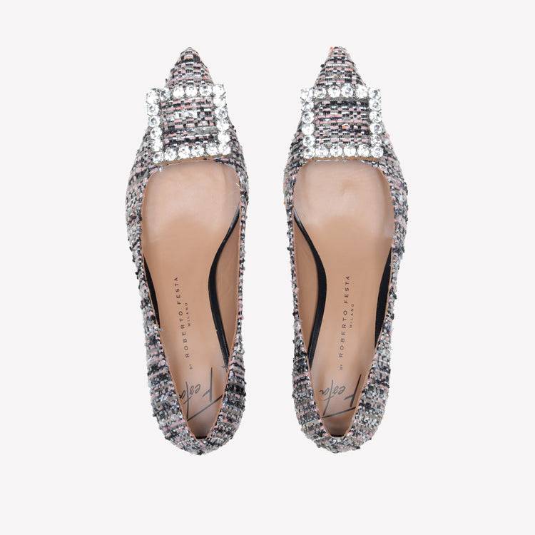Roberto Festa DECOLLETE’ IN TESSUTO MULTICOLORE CON FIBBIA QUADRA STRASS EVILLY Soddisfazione Garantita