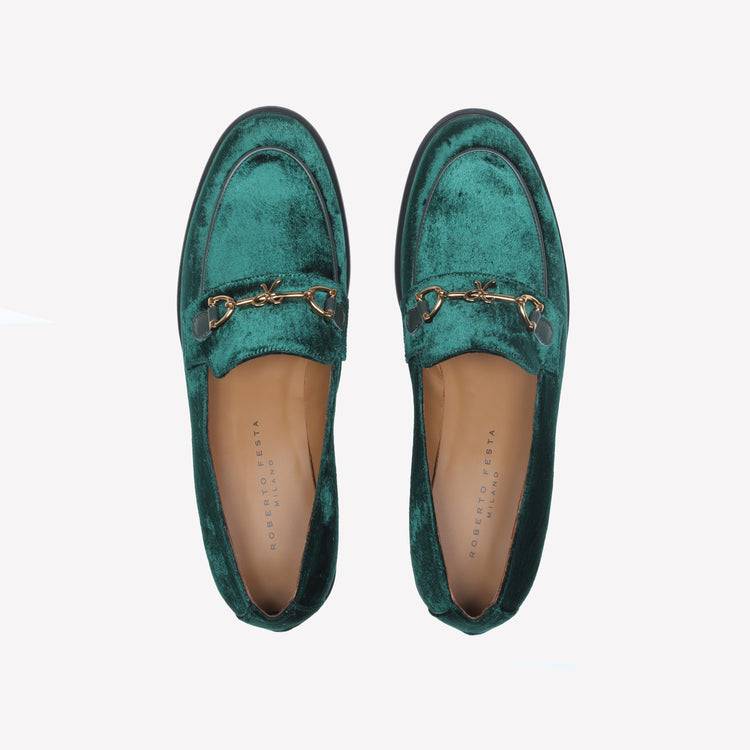 Roberto Festa MOCASSINO IN VELLUTO GREEN CON ACCESSORIO MORSETTO ORO AXEL Consegna Veloce