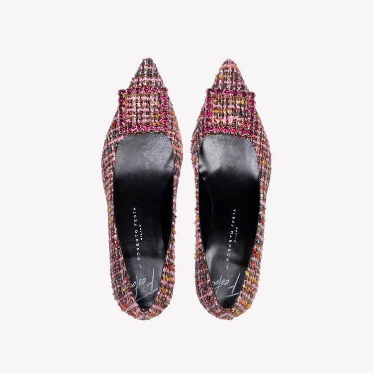 Roberto Festa DÉCOLLETÉ IN BOUCLÉ MULTICOLOR CON ACCESSORIO STRASS EVILLY Nuovo