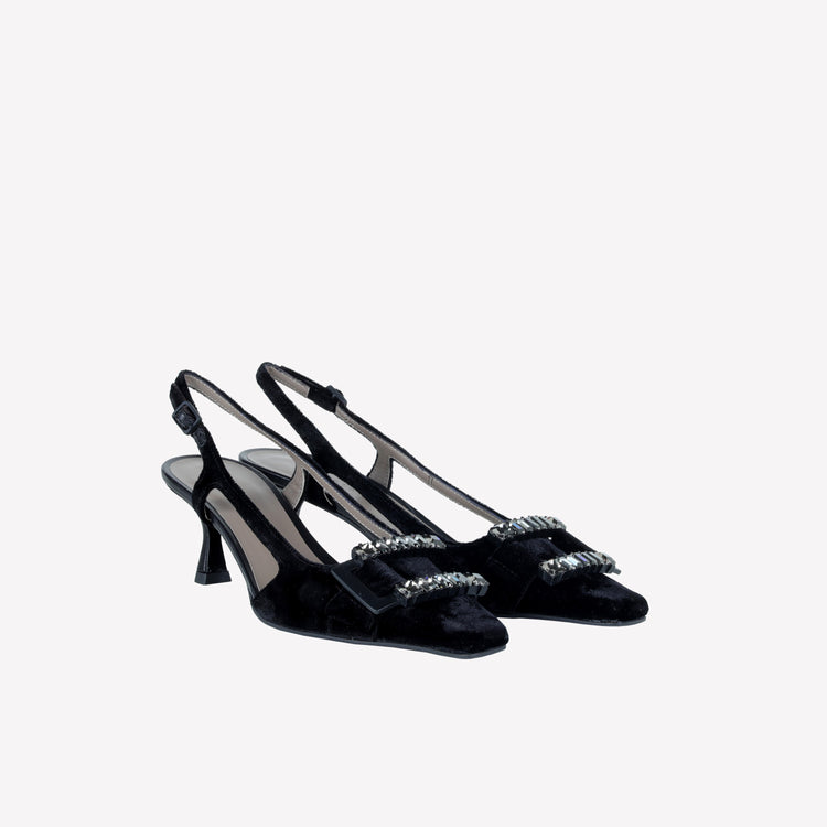 Roberto Festa SLINGBACK IN VELLUTO CON FIBBIA CRISTALLI BAGUETTE ATENA Prezzo Ridotto