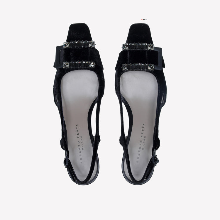Roberto Festa SLINGBACK IN VELLUTO CON FIBBIA CRISTALLI BAGUETTE ATENA Prezzo Ridotto