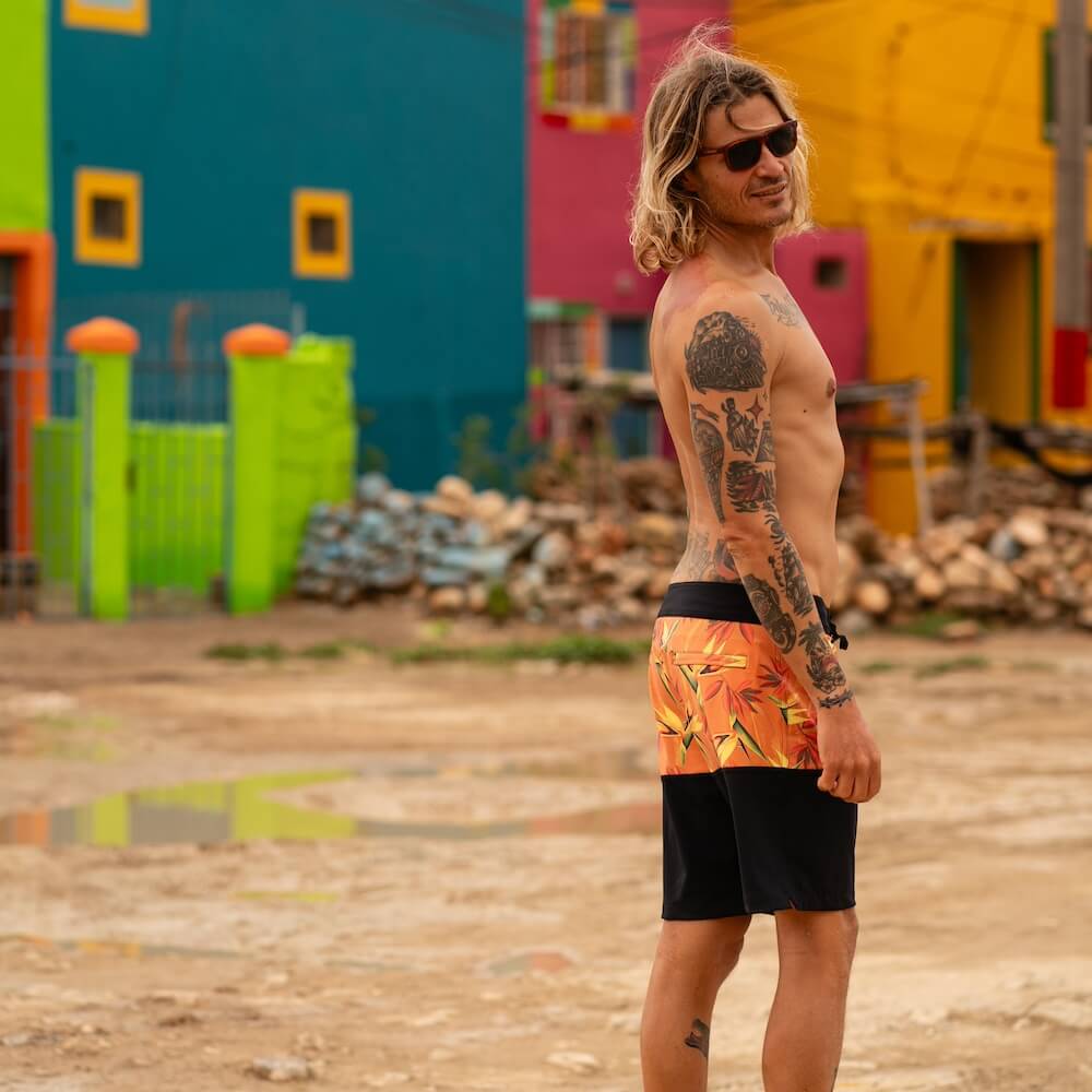 Seay / Boardshort Nero Arancione Bird of Paradise Nuova
