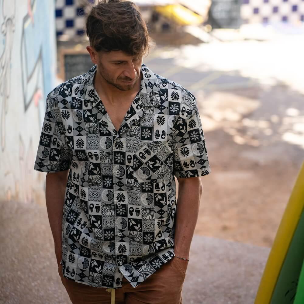 Seay / Camicia Hawaiana Grigia Nera Symbols In Linea