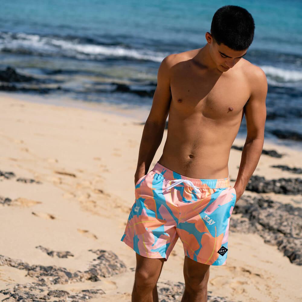 Seay / Swim Boxer Medio Rosa Blu Foglie Banano Consegna Veloce