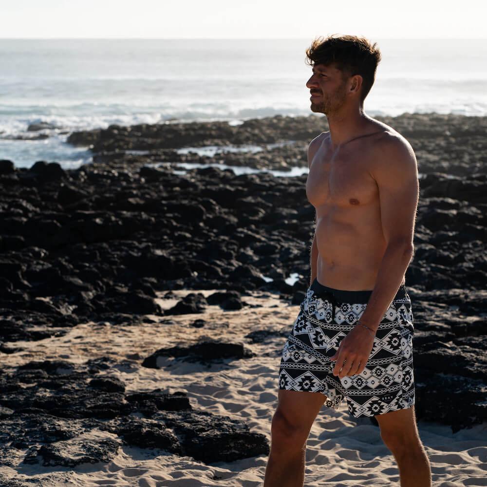 Seay / Swim Boxer Medio Bianco Nero Stampa Nativa Affare Del Giorno