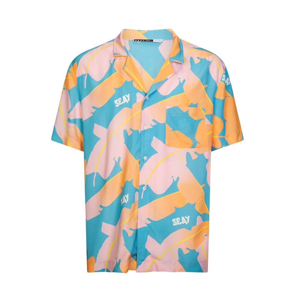 Seay / Camicia Hawaiana Rosa Blu Foglie Banano Nuovo