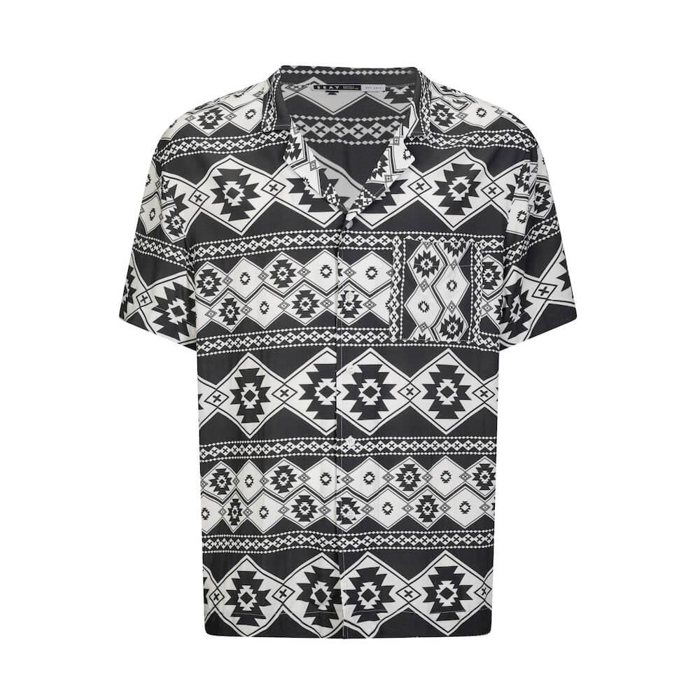 Seay / Camicia Hawaiana Bianco Nera Stampa Nativa Qualità