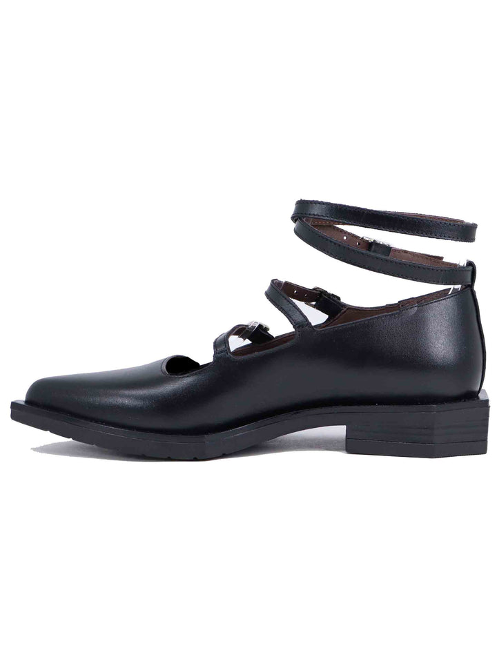 Spatarella Ballerine donna in pelle nera con lacci alla caviglia Sottocosto