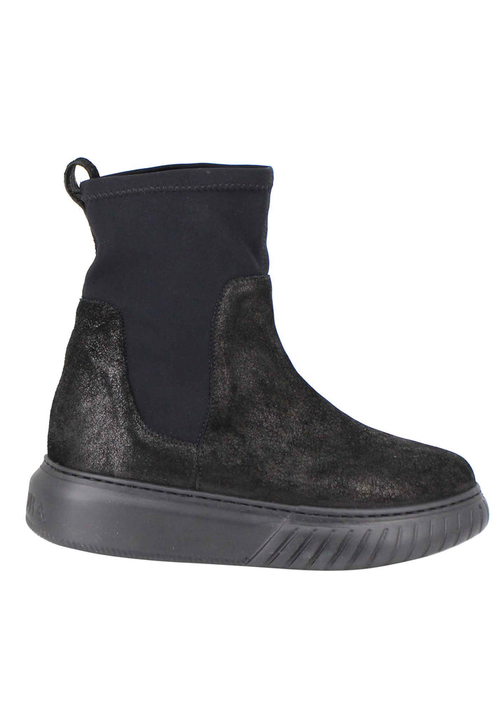 Spatarella Sneakers donna a stivaletto in pelle nera e tessuto elasticizzato in tinta suola in gomma alta Italia