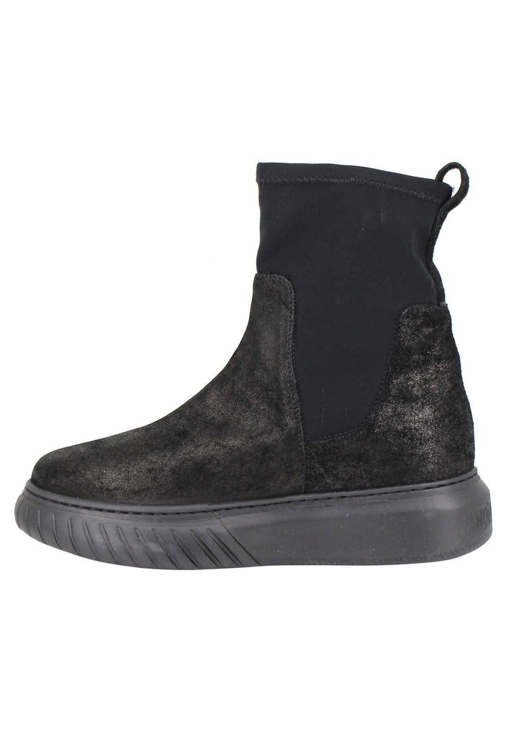 Spatarella Sneakers donna a stivaletto in pelle nera e tessuto elasticizzato in tinta suola in gomma alta Italia