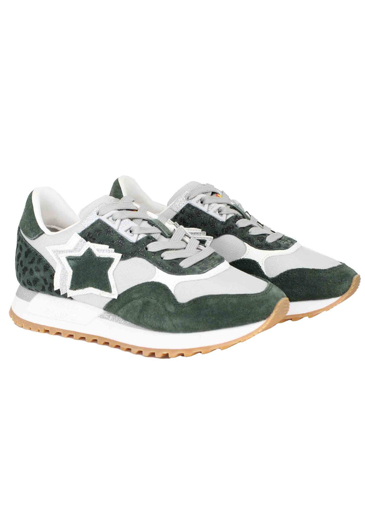Spatarella Sneakers Ghalac donna in pelle verde e tessuto animalier con stelle in tinta Saldi Di Fabbrica