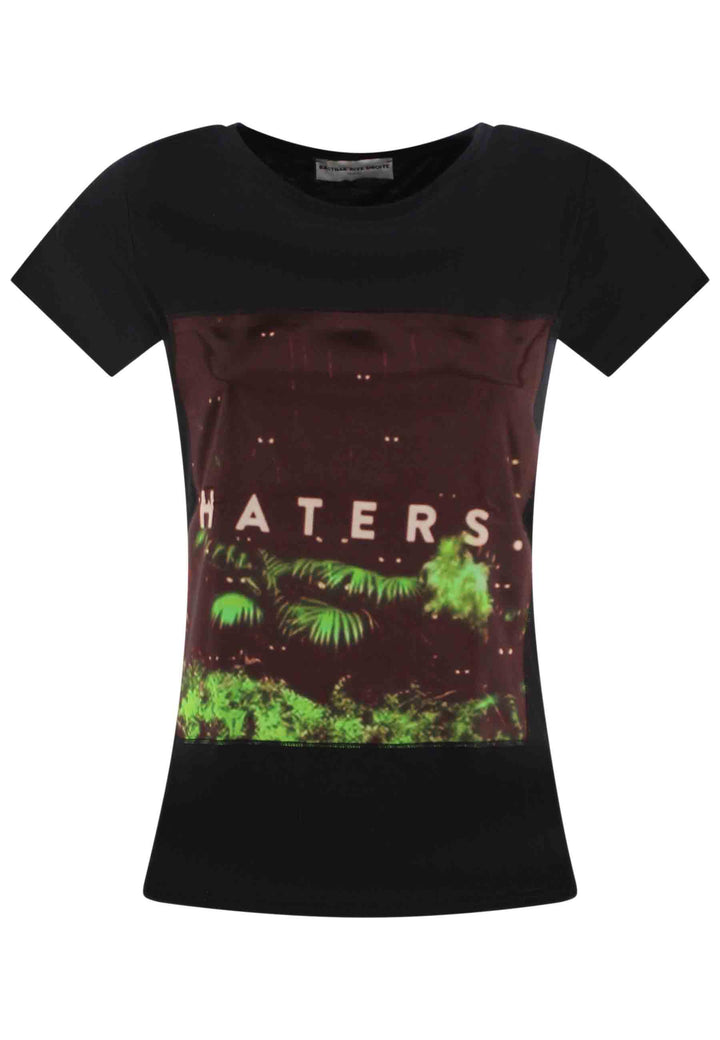Spatarella T-shirt donna Icons in cotone nero con stampa in seta Sottocosto