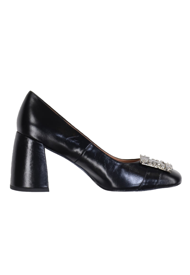 Spatarella Decollete donna in pelle lucida nera con fibbia in strass e tacco alto Adella Sconto