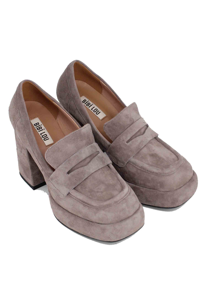 Spatarella Mocassini donna in camoscio grigio con tacco e plateau Natalie Online