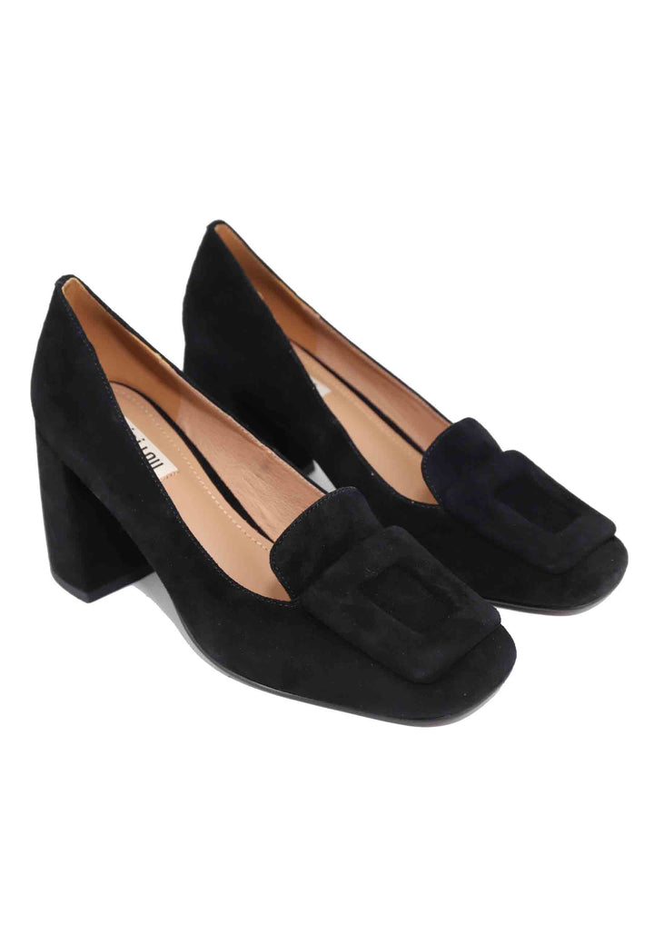 Spatarella Mocassini donna in camoscio nero con punta quadra e fibbia in tinta Marla 50% di sconto con spedizione gratuita