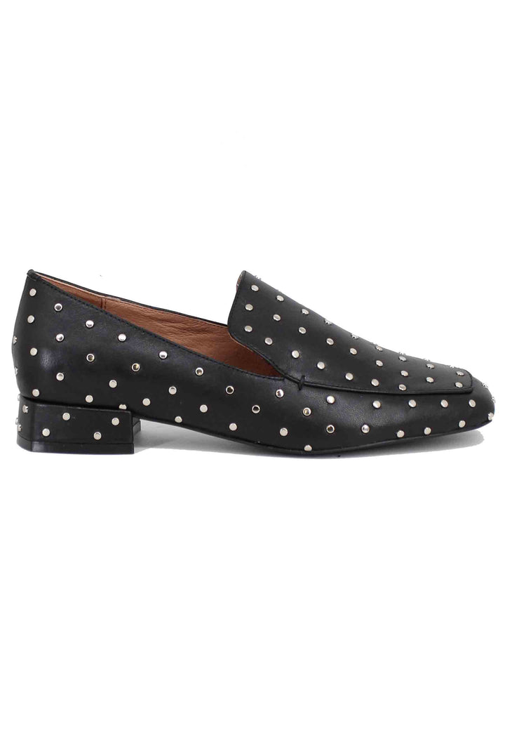 Spatarella Mocassini donna in pelle nera con borchie argento Lillian Saldi