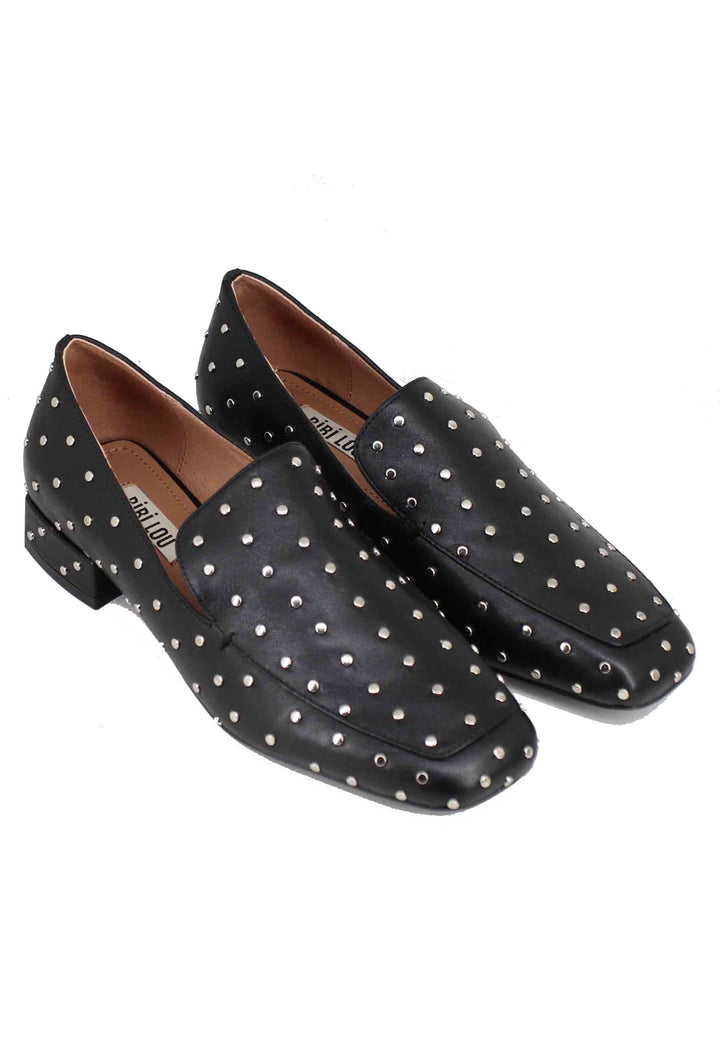 Spatarella Mocassini donna in pelle nera con borchie argento Lillian Saldi