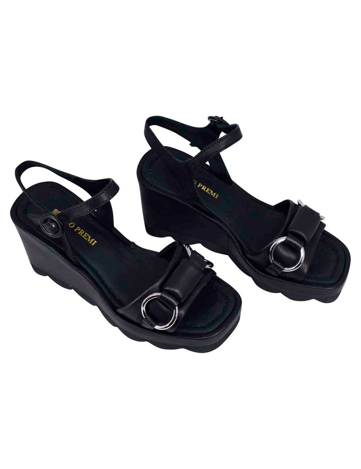 Spatarella Sandali donna in pelle nera con zeppa alta e cinturino alla caviglia Promozione