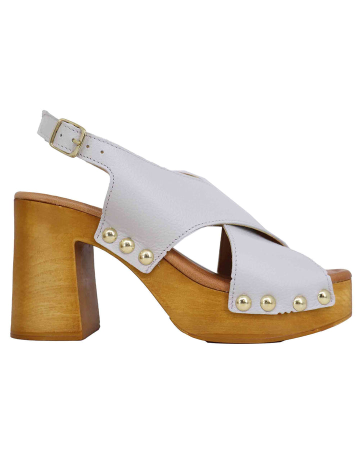 Spatarella Zoccoli slingback donna in pelle bianca con fibbie oro e tacco alto Vendita