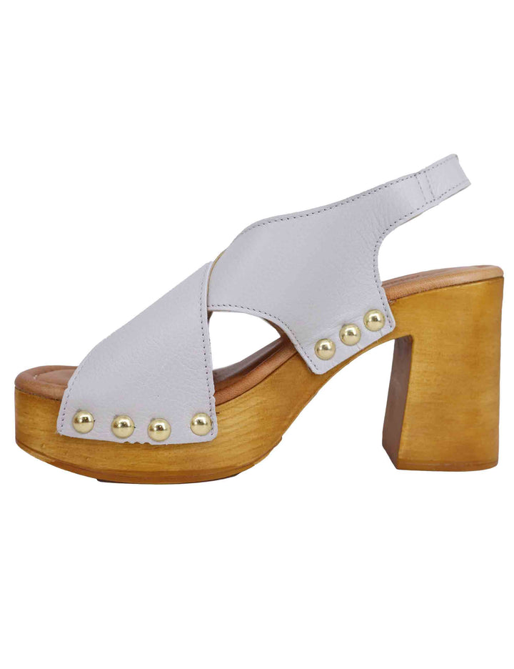 Spatarella Zoccoli slingback donna in pelle bianca con fibbie oro e tacco alto Vendita