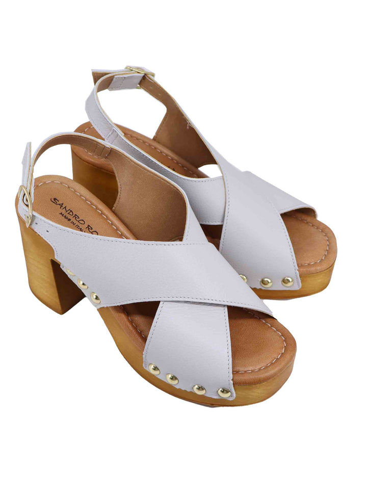 Spatarella Zoccoli slingback donna in pelle bianca con fibbie oro e tacco alto Vendita