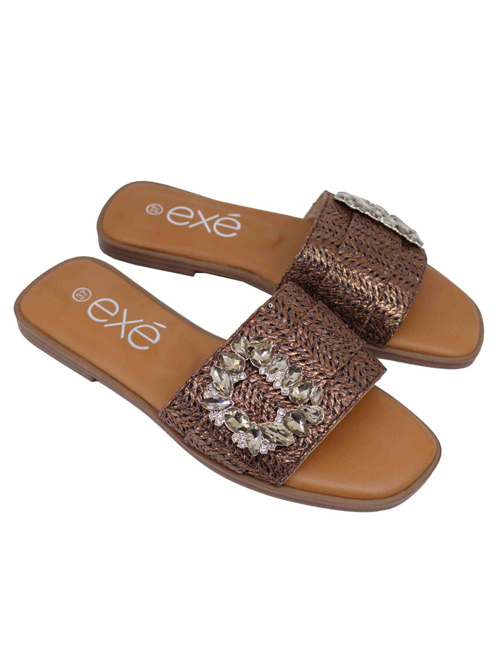 Spatarella Sandali flat donna in tessuto bronzo con fibbia in strass Acquista Ora