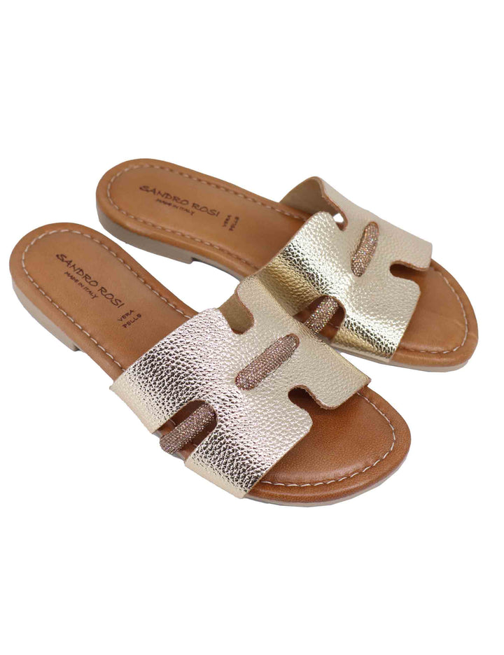 Spatarella Sandali flat donna in pelle laminata platino con stass Consegna Veloce