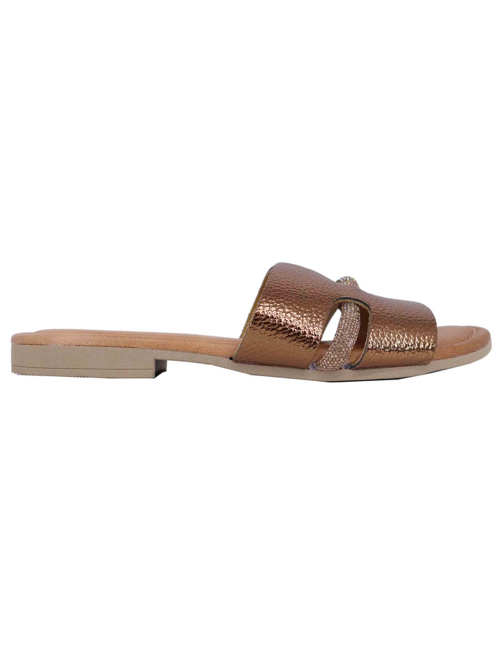 Spatarella Sandali flat donna in pelle laminata bronzo con stass Promozione Limitata
