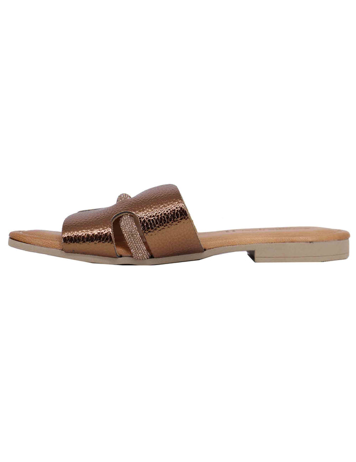 Spatarella Sandali flat donna in pelle laminata bronzo con stass Promozione Limitata