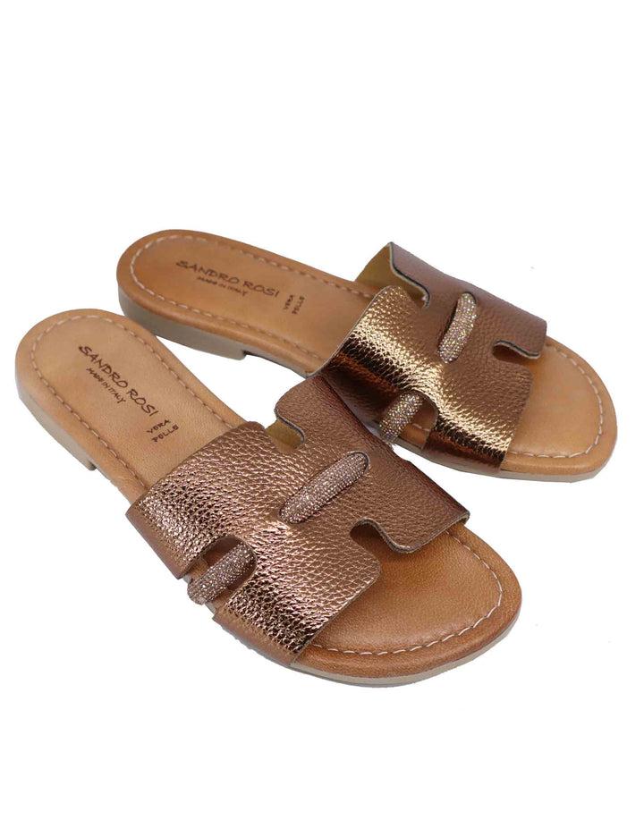 Spatarella Sandali flat donna in pelle laminata bronzo con stass Promozione Limitata