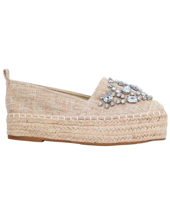 Spatarella Espadrillas donna in tessuto beige con strass e suola alta in corda Nuovo