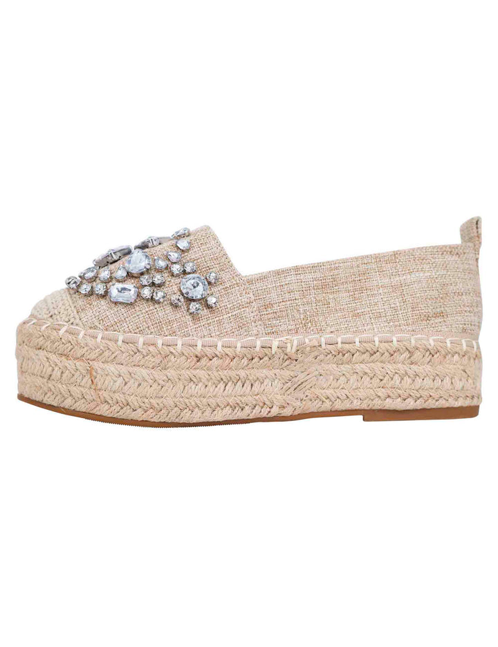 Spatarella Espadrillas donna in tessuto beige con strass e suola alta in corda Nuovo