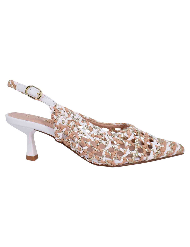 Spatarella Decollete slingback donna in eco pelle laminata bronzo multicolore con tacco bianco Qualità