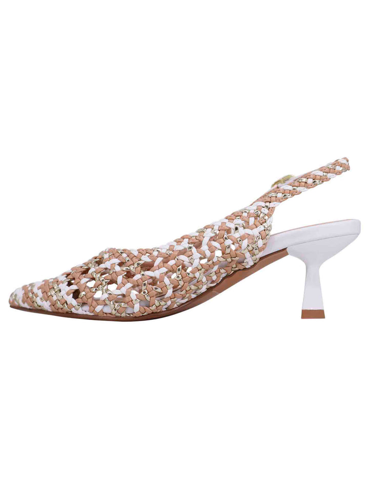 Spatarella Decollete slingback donna in eco pelle laminata bronzo multicolore con tacco bianco Qualità