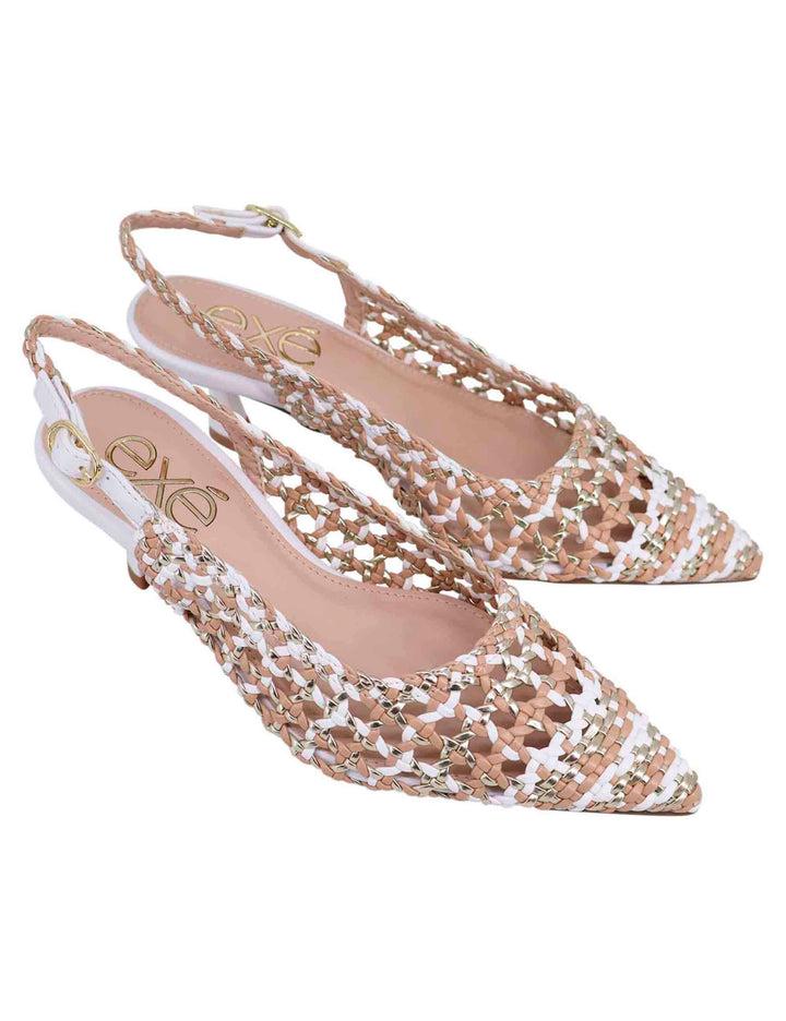 Spatarella Decollete slingback donna in eco pelle laminata bronzo multicolore con tacco bianco Qualità