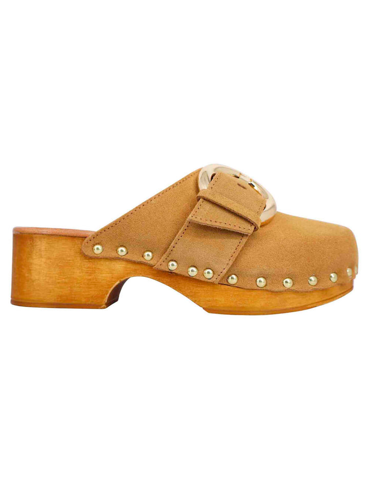 Spatarella Sabot donna in camoscio beige con fibbia laterale e tacco basso in legno Vendita