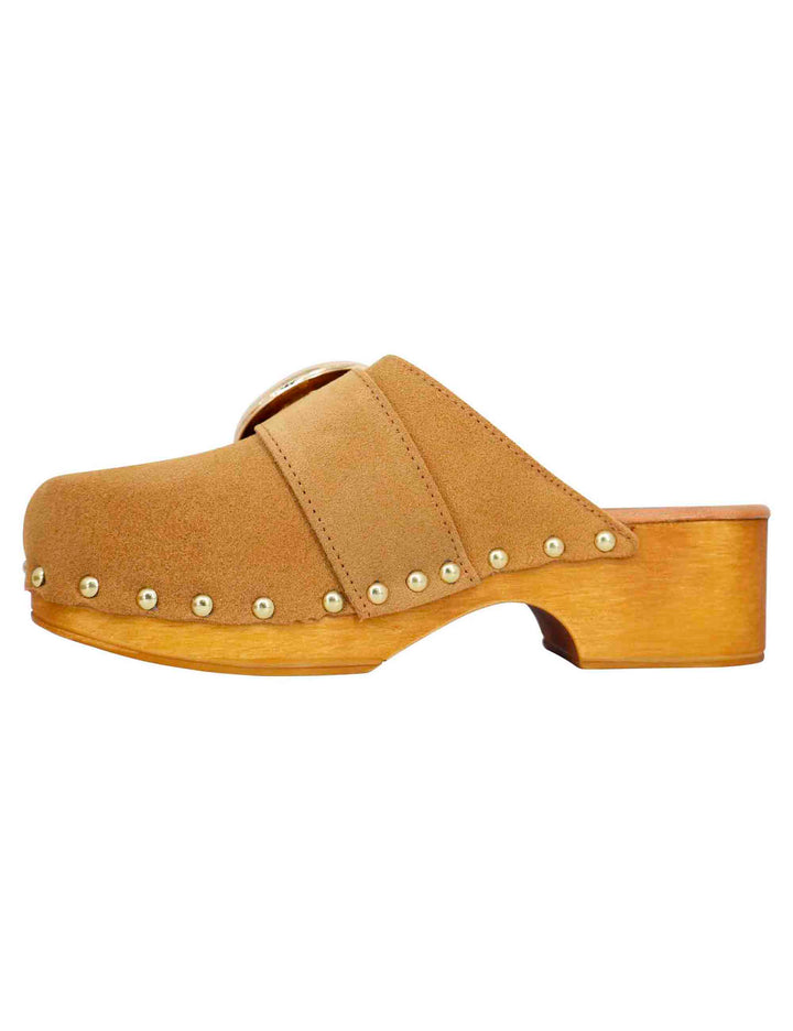 Spatarella Sabot donna in camoscio beige con fibbia laterale e tacco basso in legno Vendita