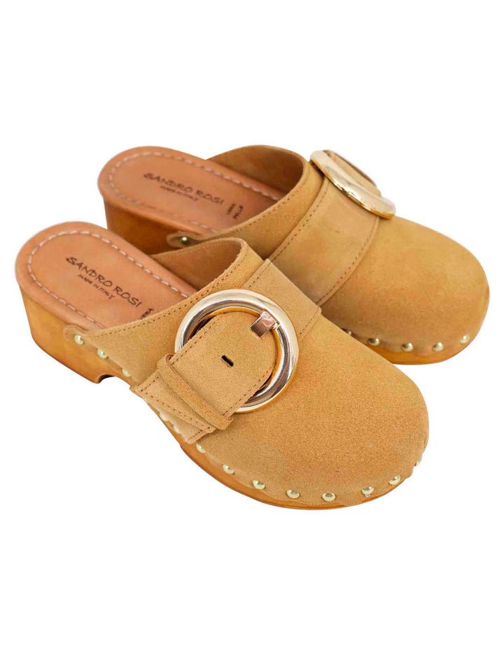 Spatarella Sabot donna in camoscio beige con fibbia laterale e tacco basso in legno Vendita