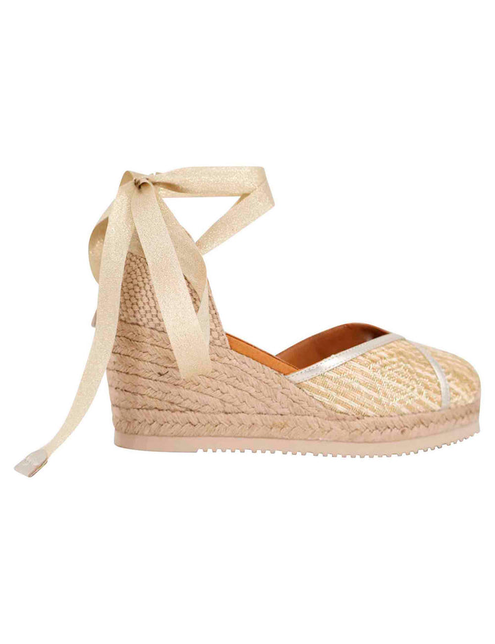 Spatarella Sandali espadrillas donna in tessuto oro e platino con zeppa in corda Soddisfazione Garantita